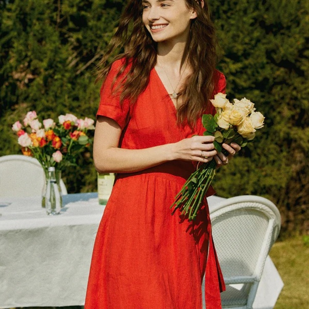 Red Midi 100% Linen Wrap Dress
